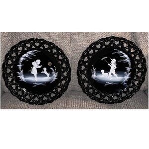 Vintage Westmoreland Reticulated Black Glass Plates Pair Girl & Boy w/ Dog